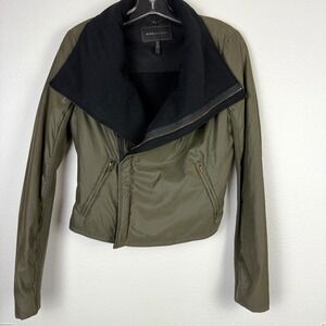 BCBGMAXAZRIA Olive Green Moto Jacket Size S Full Zip Fleece Collar Modern